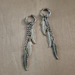 Silver stainless steel feather tassel earrings
